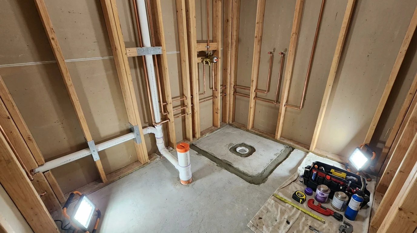 Bathroom rough-in plumbing during remodel by Johns Plumbing LLC in Hartville