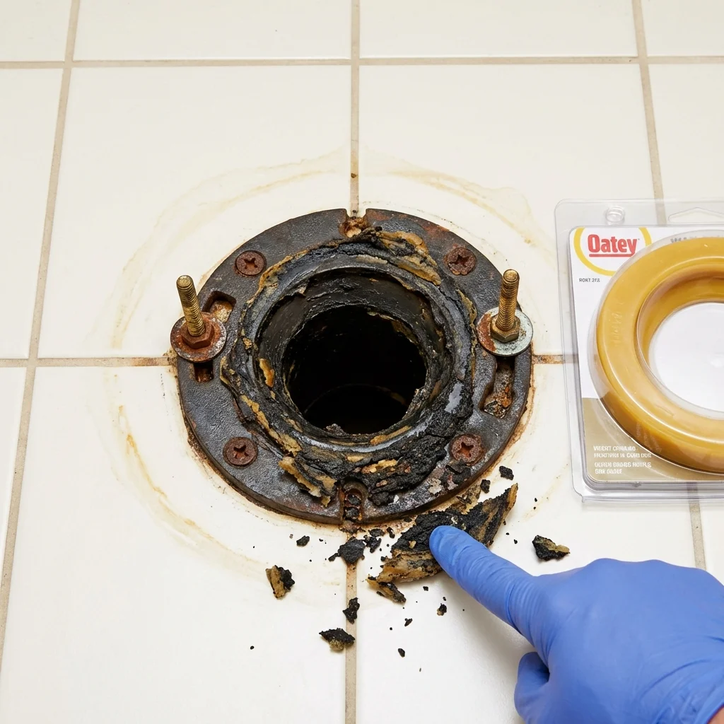 Failed wax ring showing water seepage at the base of a toilet in a Hartville, OH home