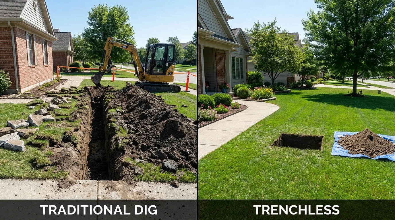Trenchless sewer repair with minimal yard damage versus traditional excavation in Hartville, OH