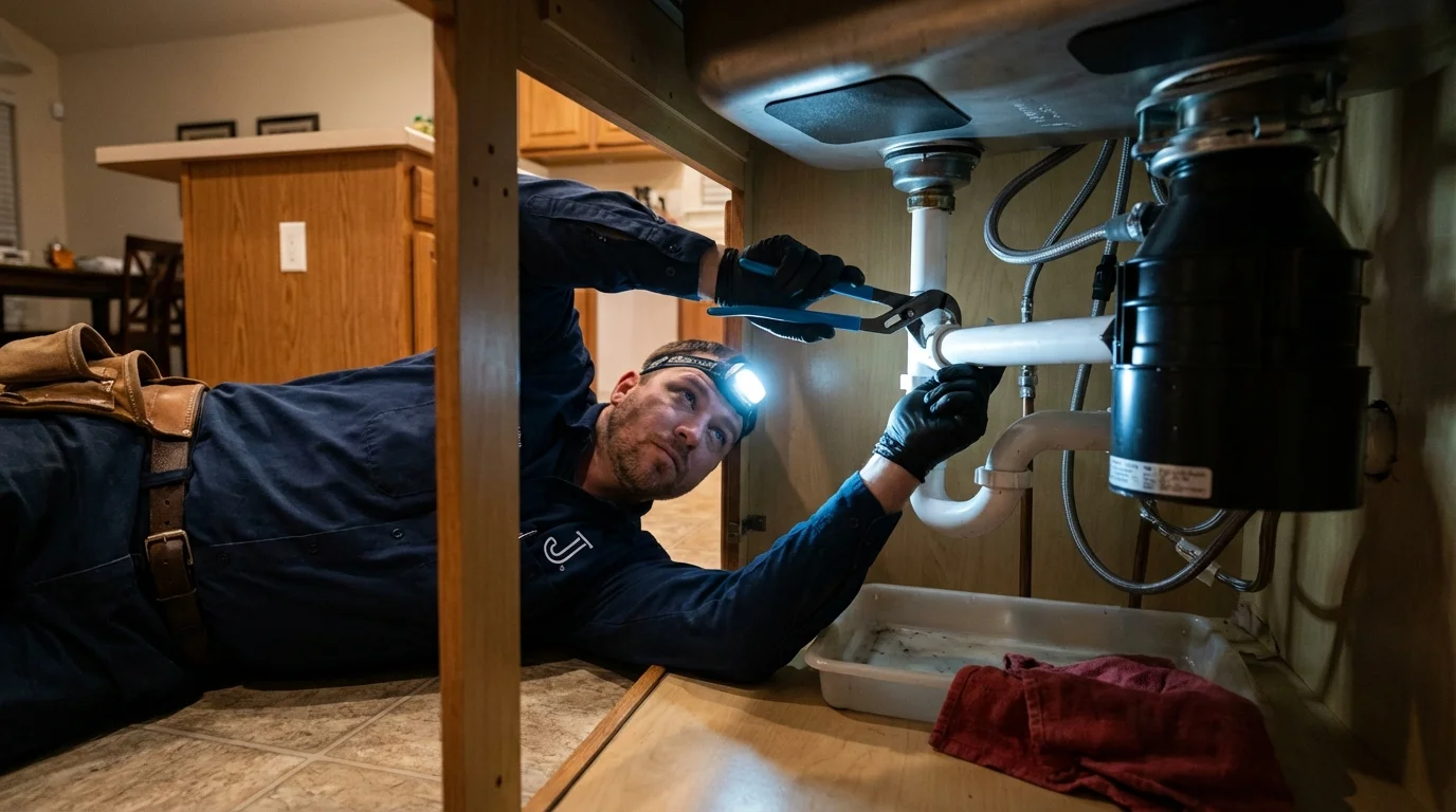 P-trap and supply line connections under a kitchen sink showing a common leak point in Hartville, OH